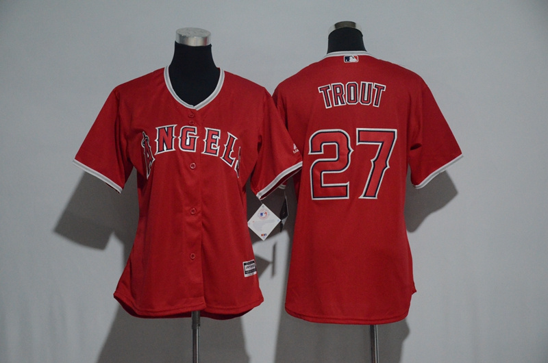 Womens 2017 MLB Los Angeles Angels #27 Trout Red Jerseys->women mlb jersey->Women Jersey